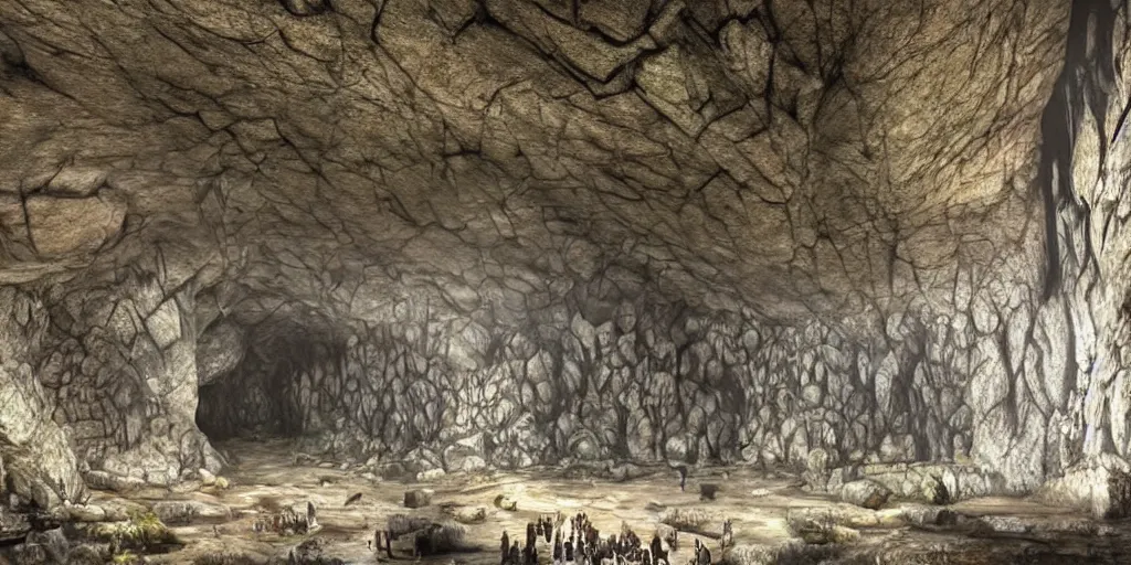 Prompt: A great underground cavern known as the hall of the mountain king. hyper realistic, lord of the rings