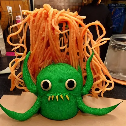 Prompt: Cthulhu with spaghetti as its tentacles, and a meatballs as its eyes