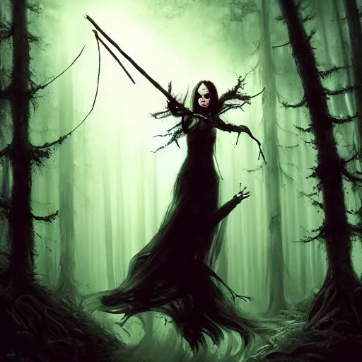 Image similar to witch performing a ritual in a dark forest painted by Raymond Swanland