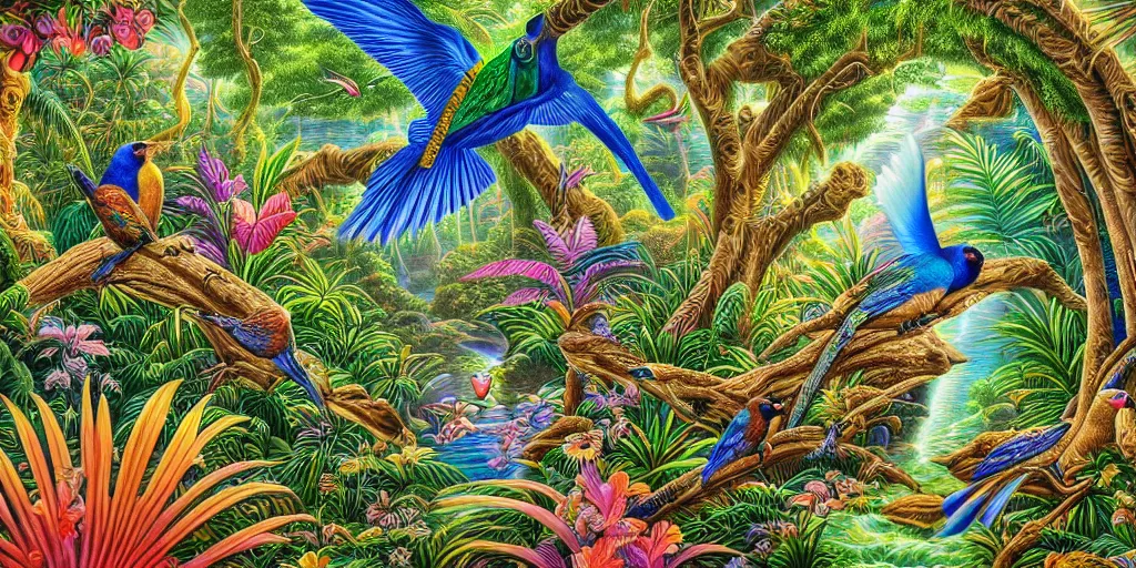 Prompt: visionary art, tropical eastern waterfall valley, with great birds, rich geometry, precise and incredibly highly detailed intricate 8 k wallpaper, john stephens, lisa frank, intricate stunning award winning masterpiece trending on artstation