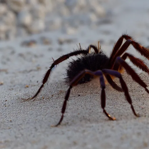 Prompt: tarantula ant hybrid on the beach at sunset