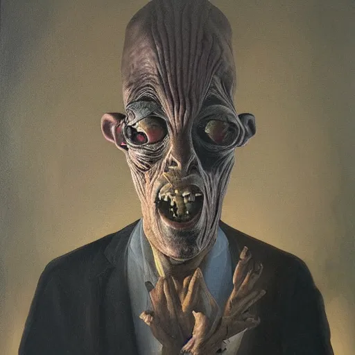 Image similar to oil painting by christian rex van minnen of a portrait of an extremely bizarre disturbing mutated man with intense chiaroscuro lighting perfect composition