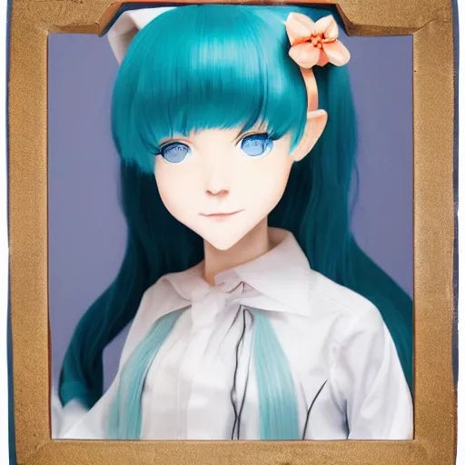 Image similar to a portrait of the young lady hatsune miku of the house lancaster, blue eyes, blue hair, porcelain skin, national portrait gallery