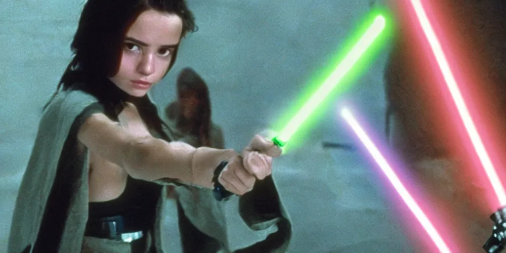 Image similar to a full color still of a teen brunette Jedi padawan holding a lightsaber hilt during a sci-fi battle, cinematic lighting, 1999, directed by Steven Spielberg, 35mm