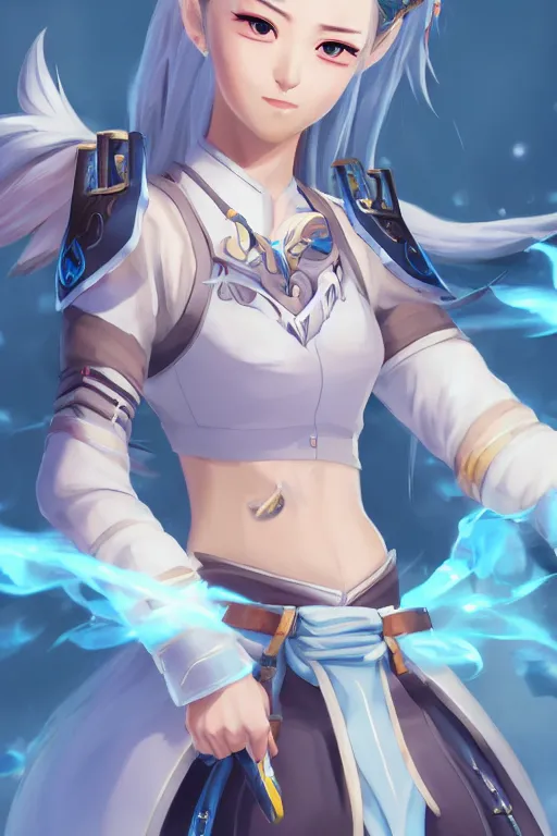 Image similar to a south korean female from paladins, white ponytail hair, she is holding a kunai, cloud tattoos on her arms, wearing light blue short jacket, highly detailed digital art, character design, masterpiece