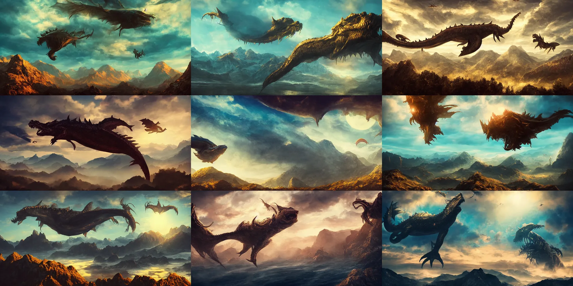 Prompt: a huge sea monster is flying high in the sky above the mountains, epic, surreal, cinematic shot, golden hour, artstation, deviantart, dreamy atmosphere, high definition