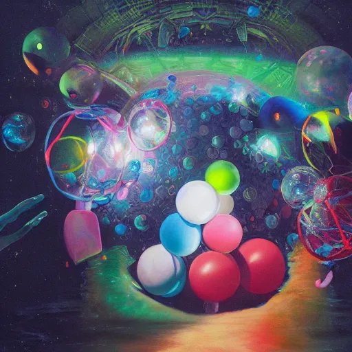 Prompt: surreal gouache painting, yoshitaka amano, ruan jia, conrad roset, kilian eng, balls, bubbles, orbs, spheres, incredibly detailed, of floating molecules and a mannequin artist holding an icosahedron with stars, clouds, and rainbows in the background, retrowave, modular patterned mechanical costume headpiece, artstation