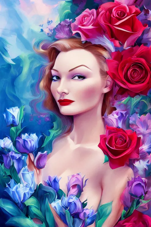 Prompt: beautiful digital painting Veronica Lake and blue roses and rubies, by Georgia O\'Keeffe, Carmelo Blandino, Cyril Rolando, artstation, Behance, 4K,