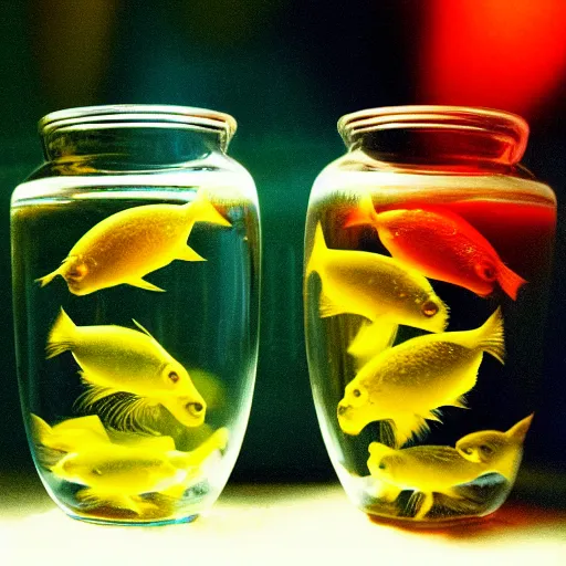 Image similar to two goldfishes swimming in the same fishbowl in a wong kar wai movie, photorealistic, 3 5 mm