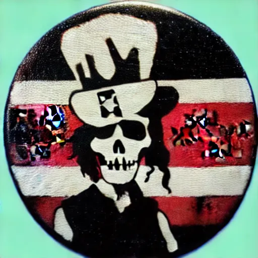 Image similar to painting on a badge!!!!, punks not dead!, exploited!!, clash, junk yard, rats!!, god save the queen!!!, punk rock album cover art style, grunge, no future!!!!, glitch effect