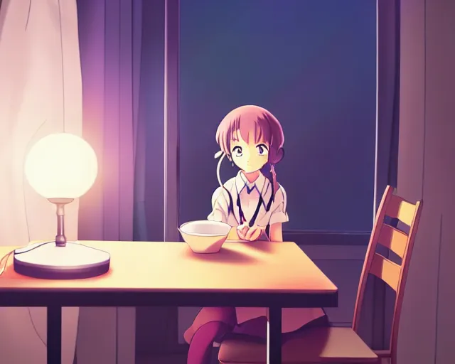 Image similar to anime fine details portrait of joyful school girl talk with robot in her room at the table, evening, lamp, lo-fi, open window, dark city landscape on the background deep bokeh, profile close-up view, anime masterpiece by Studio Ghibli. 8k, sharp high quality anime