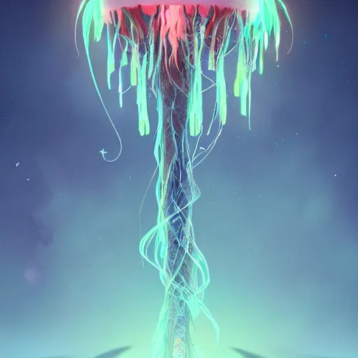 Prompt: magical jellyfish on a wizards staff, glowing luminescent jellyfish spear, concept art, artstation, moods by beeple, wlop, and greg rutkowksi