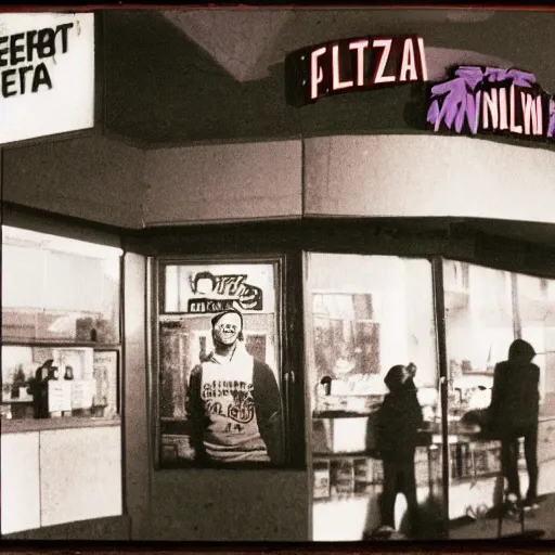 Image similar to low angle wide shot of desert city Night Vale pizzeria, with blurred figures in dark hoodies, in the lilac sunset, lomography, polaroid photo, by Warhol,