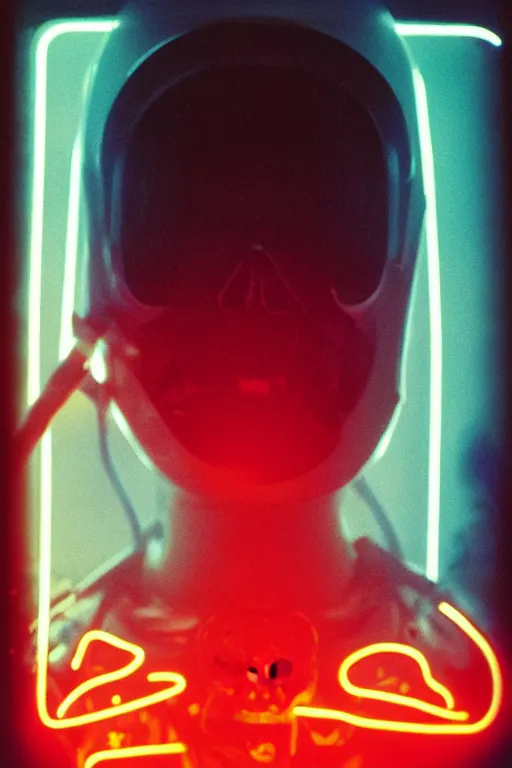 Prompt: astronaut with neon glowing skull, 1 9 6 0 s, color bleed, ektachrome photograph, volumetric lighting, f 8 aperture, cinematic eastman 5 3 8 4 film stanley kubrick