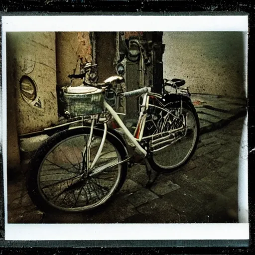 Prompt: artistic photos of a bike macro lenses. polaroid. city of genoa. old. scratched. vintage.