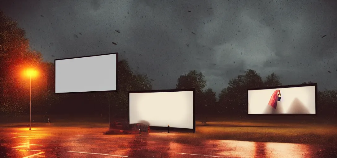 Image similar to Look of small outdoor crowdfunded drive-in cinema, rain, night, noire moody scene, digital art, 8k, moody details