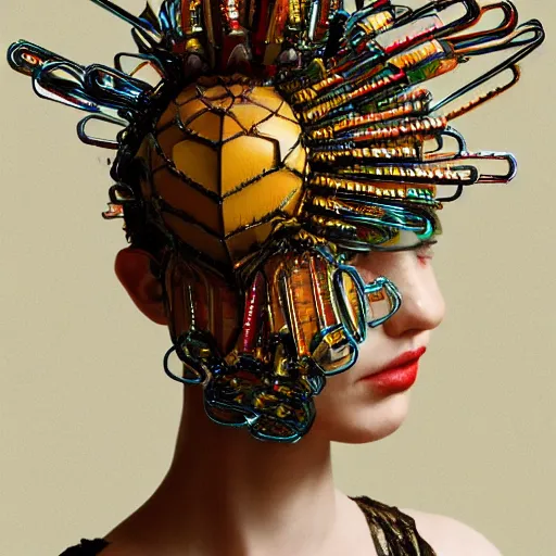 Image similar to a woman with a weird head piece on her head, a flemish baroque by alexander mcqueen, panfuturism, made of paperclips, made of insects, made of feathers, hybrid, bold natural colors, masterpiece, trending on artstation, photograph