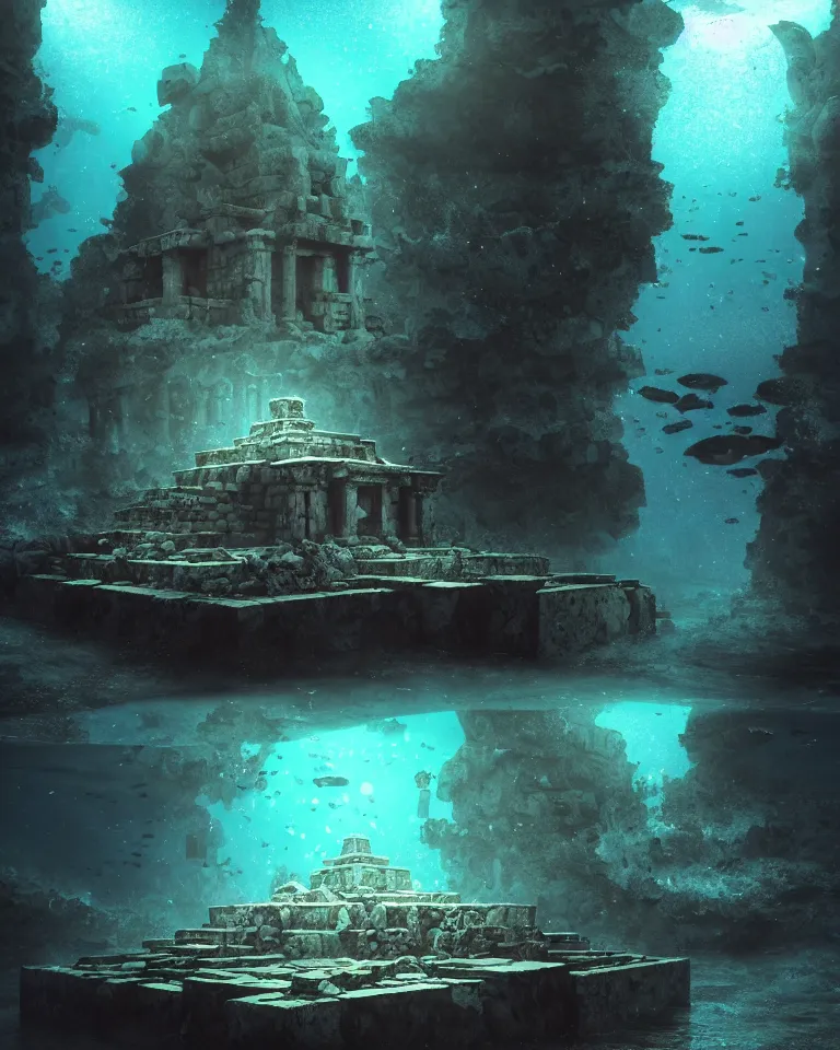 Image similar to full color, wide shot, submerged pre - incan temple, dark, underwater, symmetrical, bubbles, abyss, grenada underwater sculpture park, anime style mixed with fujifilm, detailed gouache paintings, stylized, dark, murky, foggy, atmospheric, artstation, cgsociety, octane render, cgi, unreal engine 5, denoise, cinematic masterpiece