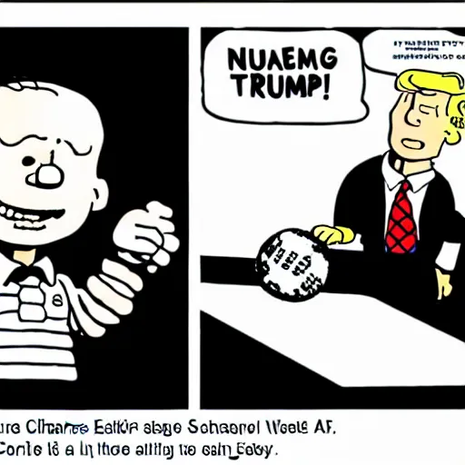 Image similar to a cartoon of joe biden pulling away the nuclear football before trump can kick it, cartoon in the style of peanuts by charles schulz