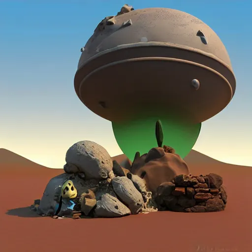 Image similar to crashed burning UFO broken flying saucer in pieces strewn across a rocky desert, with a sad Roswell grey alien trying to repair his destroyed spacecraft in the desert, crashed smoking UFO, crashed bent and broken Flying Saucer, cactus and rocks in the background, dusk, featured on zbrush central, hurufiyya, zbrush, polycount, airbrush art