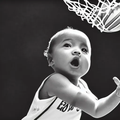 Image similar to a baby dunking a basketball, dramatic action photography, close up, epic shot