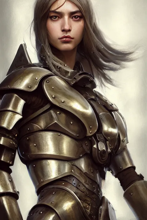 Image similar to a photorealistic painting of an attractive young girl, partially clothed in metal-plated battle armor, olive skin, long dark hair, beautiful bone structure, symmetrical face, perfect eyes, intricate, elegant, digital painting, concept art, illustration, sharp focus, minimal artifacts, from Metal Gear, in the style of Ruan Jia and Mandy Jurgens and Greg Rutkowski, trending on Artstation, award winning