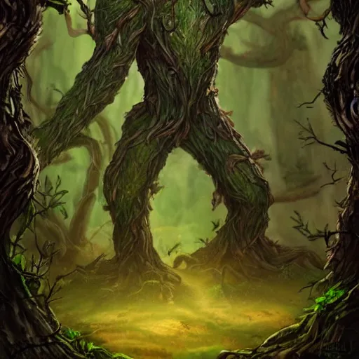 Image similar to giant green old treant creature, elven treant made of leaves and roots, old elven treant, old humanoid ents, old humanoid treant, epic fantasy style, green theme, forest background, hearthstone artwork