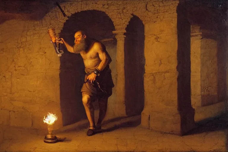 Image similar to a bearded man holds a torch and explores a Dungeon, luminous, Renaissance Painting