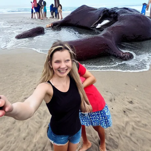 Image similar to Professional photograph, long shot, Smiling girl taking a selfie with a giant creature washed up on the beach