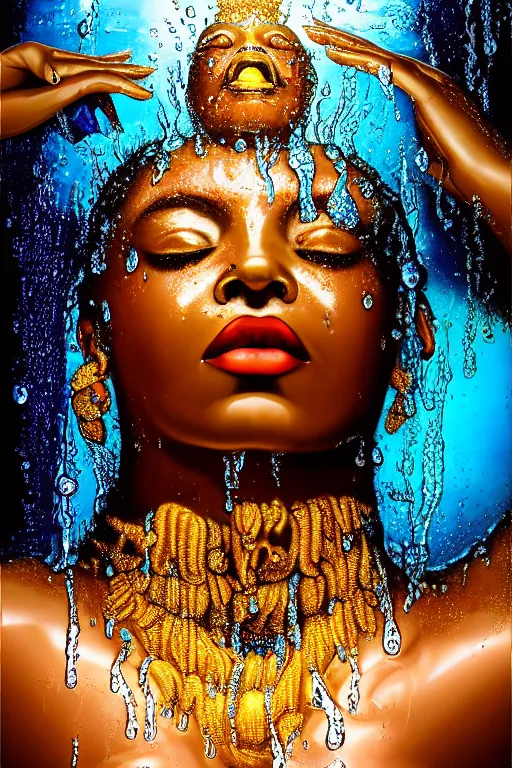 Prompt: hyperrealistic photorealist cinematic super expressive! oshun goddess immersed in water!, mirror dripping droplet, gold ornate jewely, highly detailed face, digital art masterpiece, smooth eric zener cam de leon, dramatic pearlescent turquoise light on one side, low angle uhd 8 k, shallow depth of field