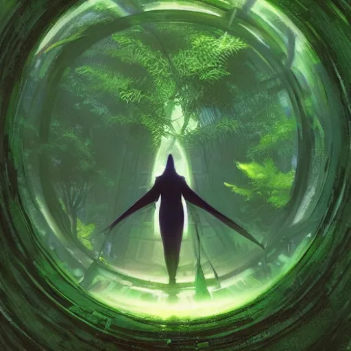 Image similar to portal in a middle of a lush futuristic forest, alien world seen through a portal, person in a cloak standing in front of a portal, syd mead, john harris