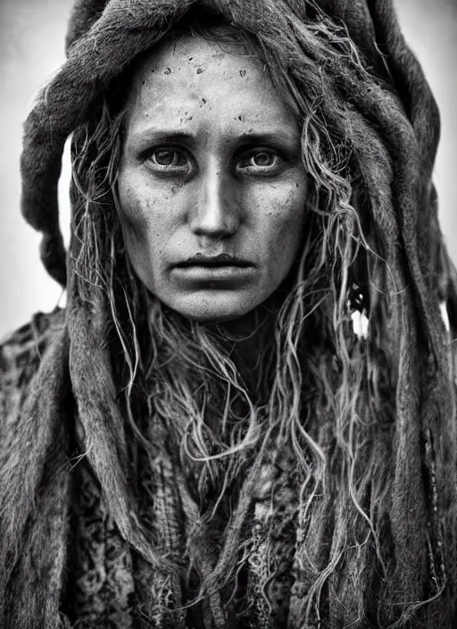 Image similar to Award winning Editorial photo of a medieval Native Female Liechtensteiners with incredible hair and beautiful hyper-detailed eyes wearing traditional garb by Lee Jeffries, 85mm ND 5, perfect lighting, gelatin silver process