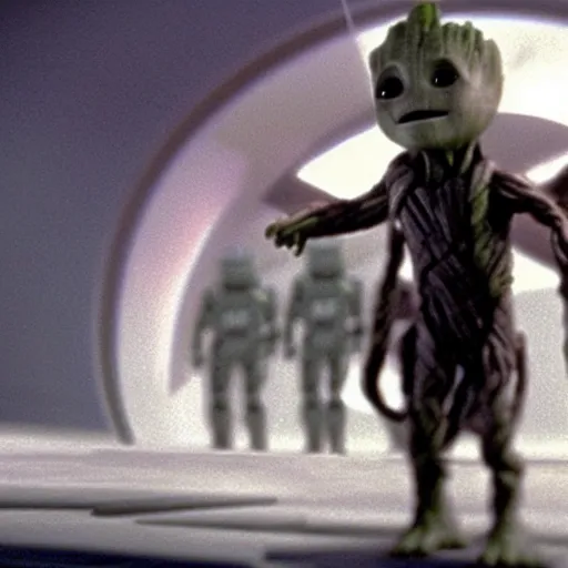 Prompt: Film still of Baby Groot walking around on the Death star, from Star Wars (1977)
