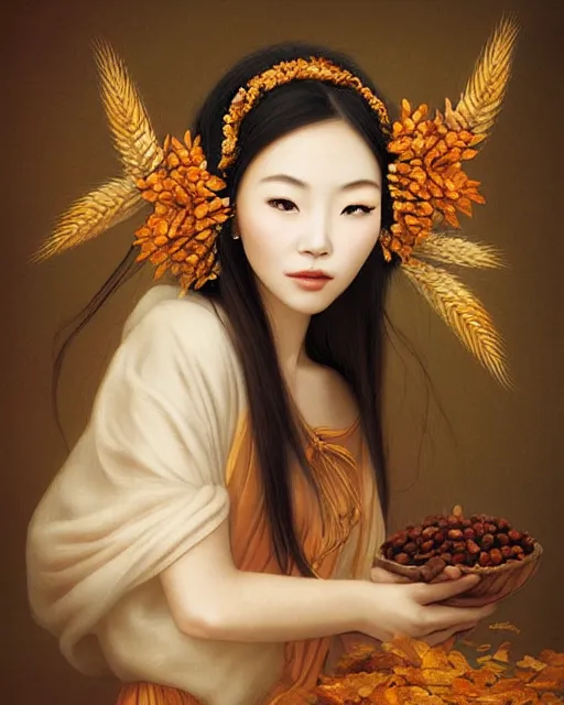 Prompt: goddess of autumn, with wheat ears on her head, chinese beauty, half - length head portrait, dreamy, beautiful, by wlop