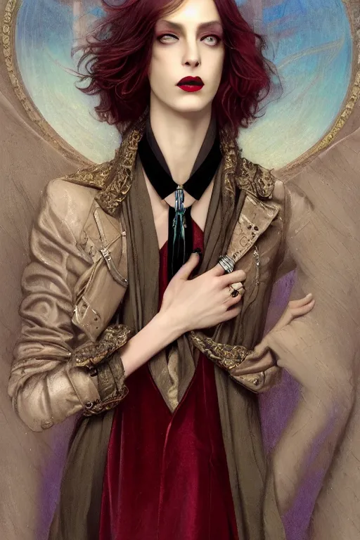 Image similar to a beautiful pretty androgynous man, long hair, tall and thin, vampire, dressed in velvet, glam fashions, wearing several pendants and a choker, illustration, dramatic lighting, soft details, painting oil on canvas, art nouveau, octane render, hdr, 4 k, 8 k, hd, by edmund blair leighton, brom, charlie bowater, faces by otto schmidt