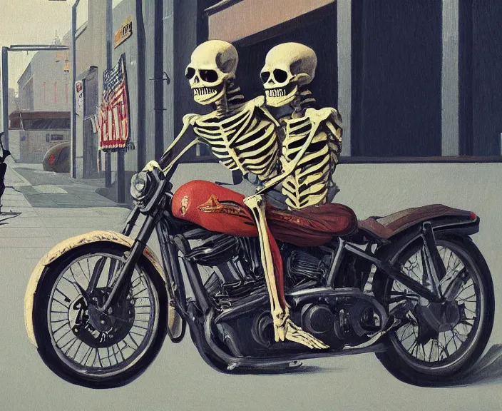 Prompt: a very detailed painting of a skeleton wearing a military jacket, riding a motorbike down a street, harley davidson motorbike, worm's - eye view, very fine brush strokes, very aesthetic, very futuristic, in the style of edward hopper and grant wood and syd mead, 4 k,