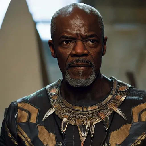 Image similar to film still of Sam Jackson as T’Chaka in Black Panther