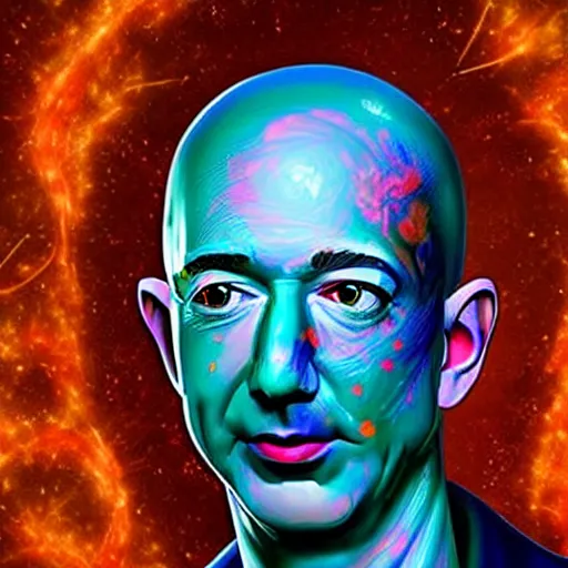 Image similar to Jeff Bezos as a terrifying cosmic horror with tentacles and soulless eyes with a cosmic background. Epic digital art