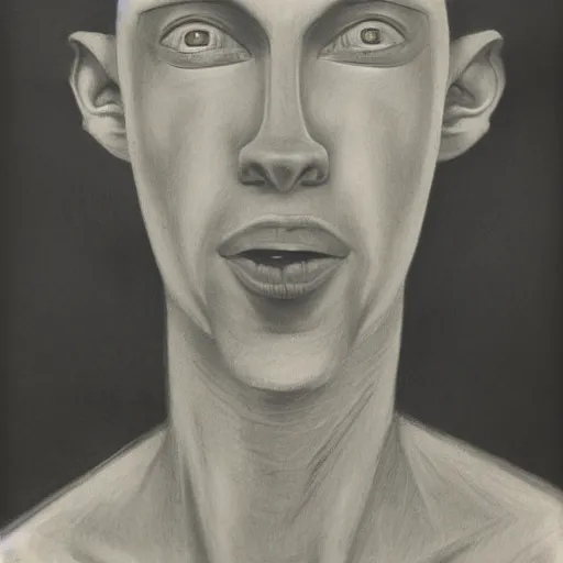 Image similar to a black and white photo of a man with a strange face. precisionism, charcoal drawing, surrealist, genderless