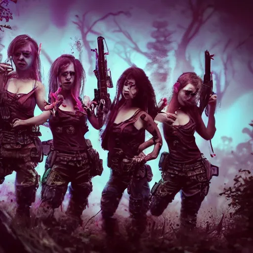 Image similar to squad of beautiful armed zombie girls in army of nurgl in fantasy forest between a trees, all filtered through a cybernetic lens, studio lighting, lit by flashing pixel light, cinematic lightning, medium shot, mid-shot, highly detailed, trending on artstation, Unreal Engine 4k, cinematic wallpaper
