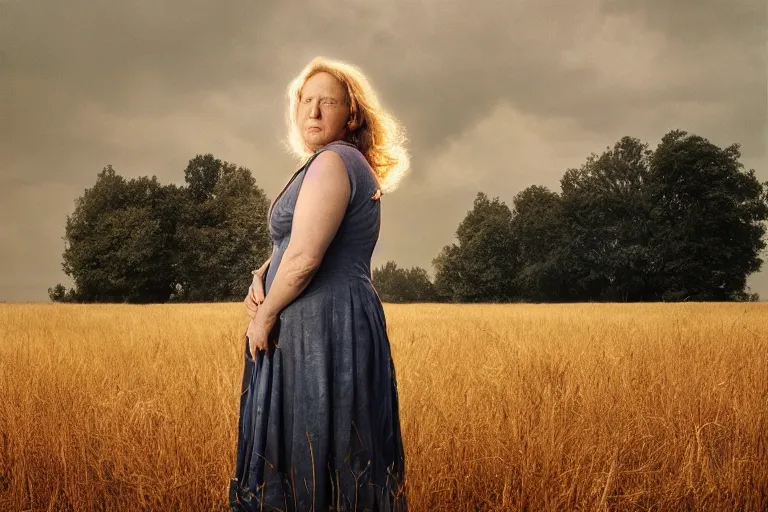 Image similar to a cinematic headshot portrait of a middle aged woman, stood in a field on fire, ultra realistic, depth, beautiful lighting, by annie leibovitz