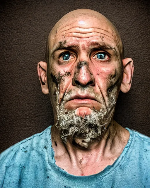 Image similar to prison mugshot of real - life squidward, bright flash, brown prison shirt, low saturation, somber expression, filthy hair, rugged textured face, soft vignette, soft focus, 5 0 mm, 4 k, nypd