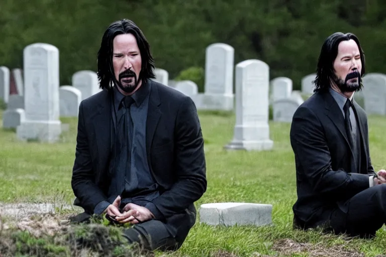 Prompt: film still of keanu reeves crying in a cemetery in a new sad movie keanu grieves