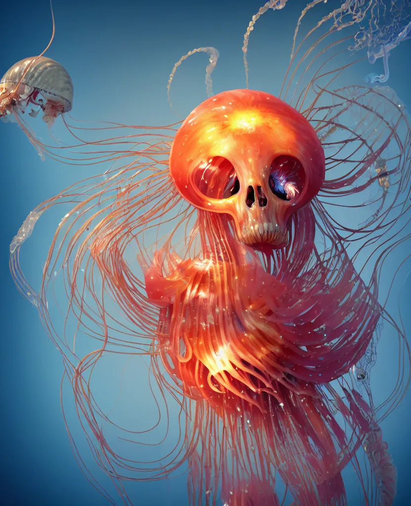 Image similar to close-up portrait of the face of a beautiful princess in a twisted flowers jellyfish mask surrounded by energy flow, epic angle and pose, symmetrical artwork, 3d with depth of field, blurred background, floating jellyfish skull phoenix bird, translucent, nautilus, energy flows of water and fire. a highly detailed epic cinematic concept art CG render. made in Maya, Blender and Photoshop, octane render, excellent composition, cinematic dystopian brutalist atmosphere, dynamic dramatic cinematic lighting, aesthetic, very inspirational, arthouse. y Greg Rutkowski, Ilya Kuvshinov, WLOP, Stanley Artgerm Lau, Ruan Jia and Fenghua Zhong