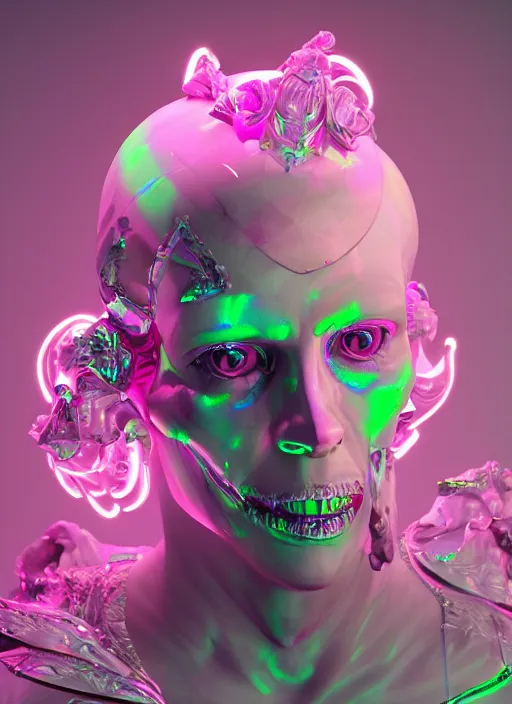 Image similar to photo of fullbodied baroque and bladerunner delicate neon diamond sculpture of seductive onyx albino marble prince kai harvatz dotado pink iridescent skull psychedelic, reclining, glowing magenta face, crown of white diamonds, cinematic lighting, photorealistic, octane render 8 k depth of field 3 d