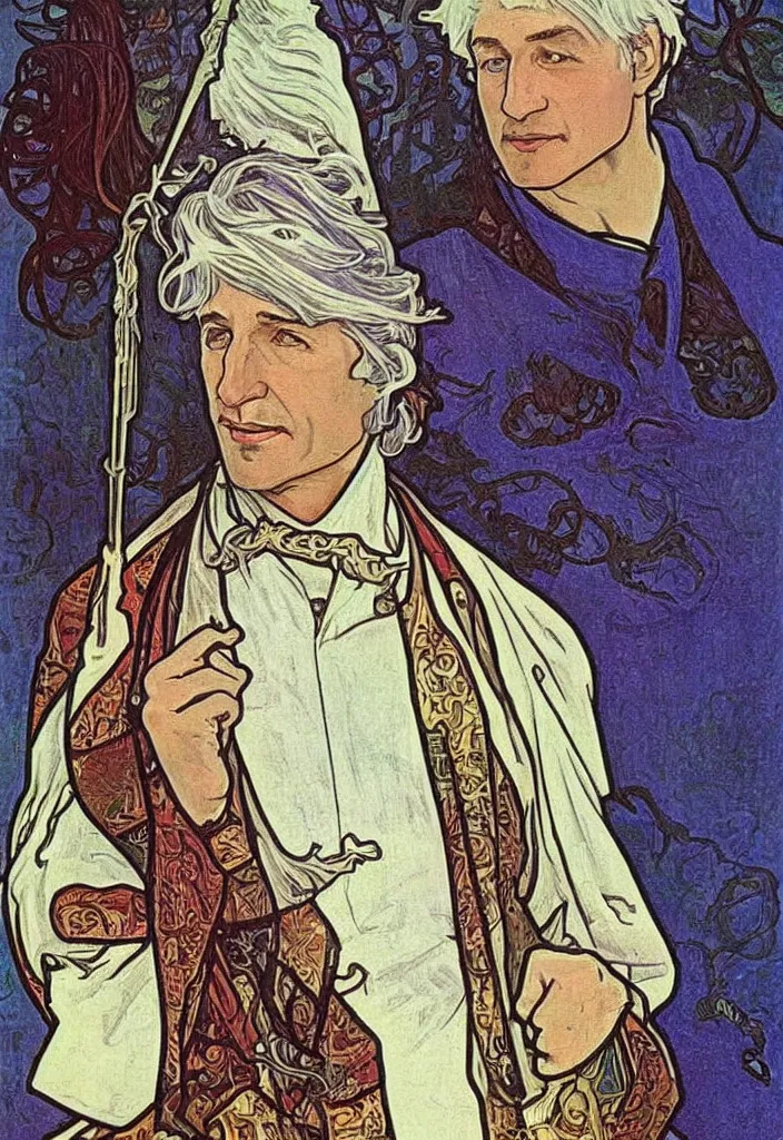 Image similar to realistic white - haired geoffrey hinton on a tarot card, tarot in art style by alphonse mucha