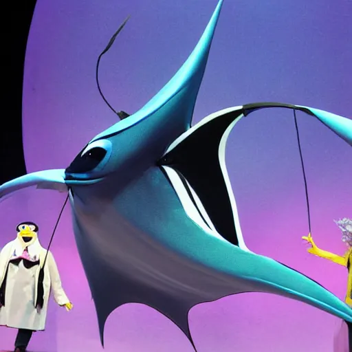 Image similar to a new shy manta ray character, in the style of the muppets, it is a manta ray character with manta ray fins, designed by beetlejuice the musical on broadway, real, photograph, cinematic