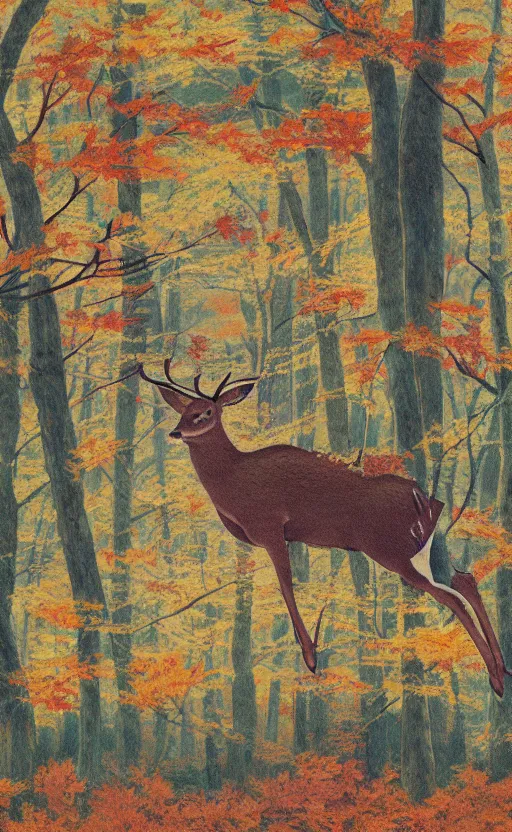 Image similar to by akio watanabe, manga art, alone deer jumping around maple forest, fall season, trading card front