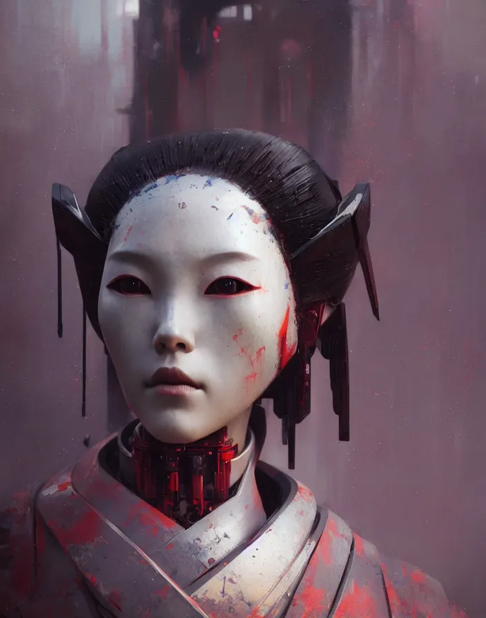 Image similar to portrait of a geisha robot by greg rutkowski and ruan jia, mecha, washed colors, dark, gloomy, matte painting, unreal engine 5