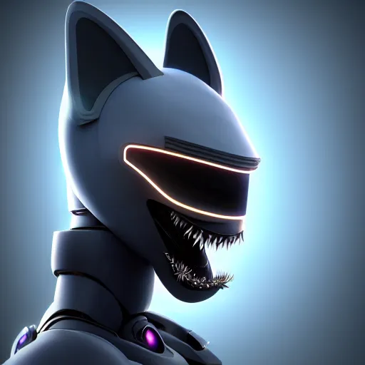 Prompt: very very beautiful furry art, bust profile picture of a male robotic anthro shark, dark visor covering face, snout under visor, commission on furaffinity, cgsociety, octane render, disney